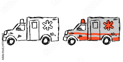 Grunge sketch hand-drawn ambulance vector. Ideal for emergency response, rescue, and first aid themes. This graphic symbolizes rapid medical transport with a distressed, rough aesthetic.