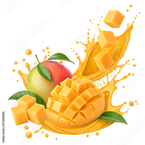 Vibrant Mango Fruit Splash: Fresh Tropical Juice & Diced Cubes on transparent background