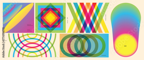 Abstract gradient geometric poster vector set with circles, waves, layered arches and optical shapes. Designed for modern posters, backgrounds, web banners, product packaging and digital design.