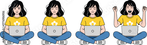 Cartoon woman with laptop, emotional reactions, sitting cross-legged, joyful expression, casual outfit, animated character, tech user, white background, illustration