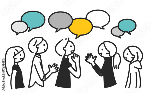 意見を出し合う人々 シンプル線描きモノクロイラスト