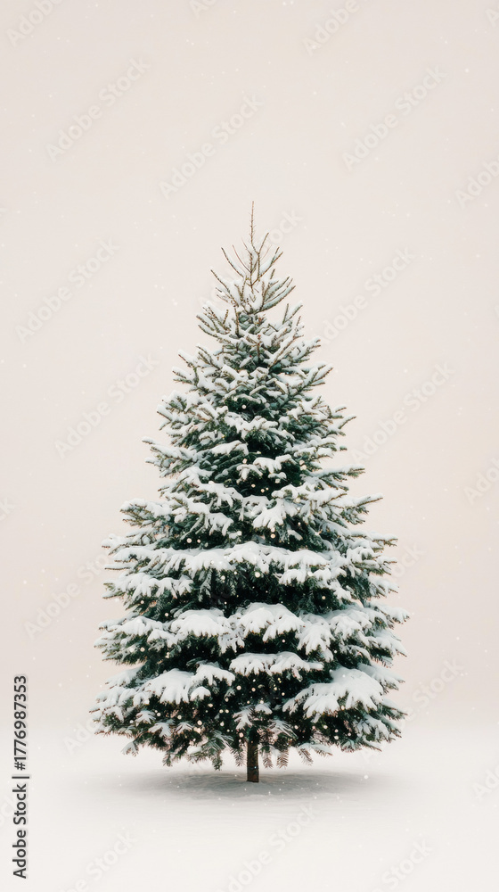Fototapeta premium Snow covered christmas tree stands alone in winter landscape with falling snow creating peaceful festive atmosphere outdoors