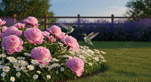 Two vibrant hummingbirds hover gracefully over lush pink peonies and white daisies in a sunlit garden, with lavender fields and a wooden fence in the background.