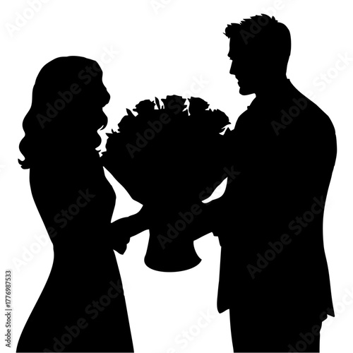 silhouette of a man giving flowers to a woman