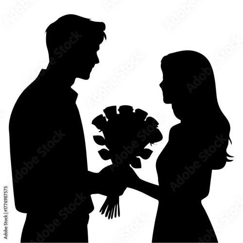 silhouette of a man giving flowers to a woman