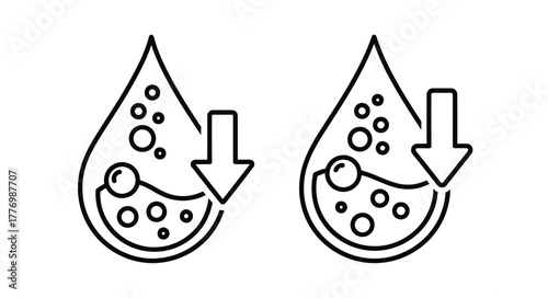 Illustrative depiction of water droplets with bubbles and downward pointing arrows