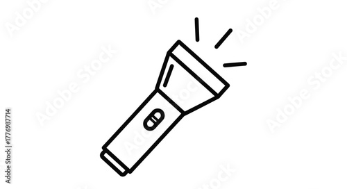 Simple black and white line drawing of a flashlight emitting light rays