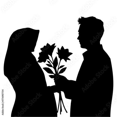 silhouette of a man giving flowers to a woman