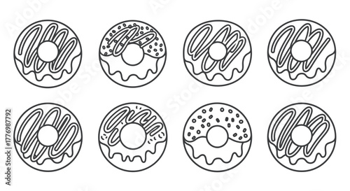 Eight black and white line art illustrations of various decorated donuts
