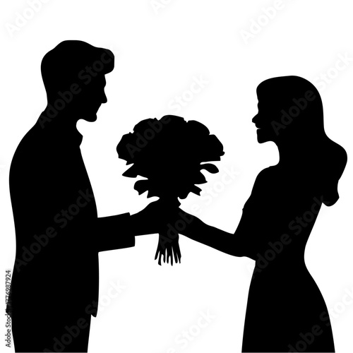silhouette of a man giving flowers to a woman