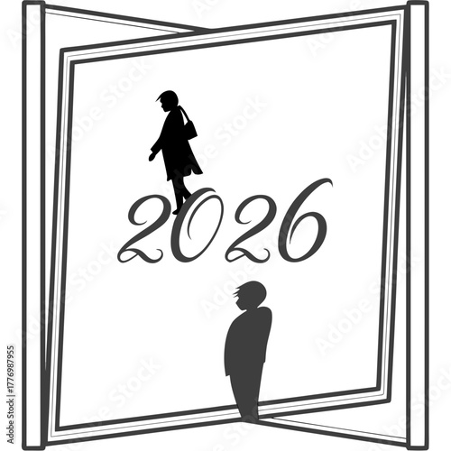 Open book with 2026 year and silhouettes of people Keywords: 2026, year, book, open book