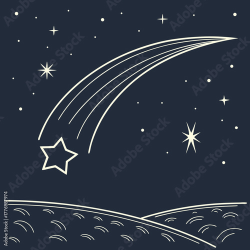 Wallpaper Mural Shooting star over a stylized landscape at night sky hills Torontodigital.ca
