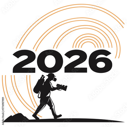 Silhouette of a photographer with camera and backpack in front of year 2026 new year
