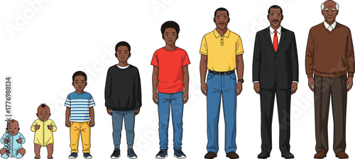 Male growth stages, cartoon aging process, baby to elderly man, life cycle illustration, educational character set, white background, timeline concept
