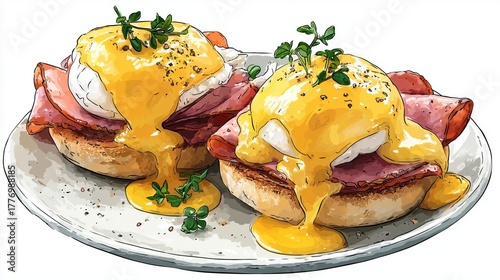 Eggs benedict serving on a plate, featuring poached eggs and hollandaise sauce