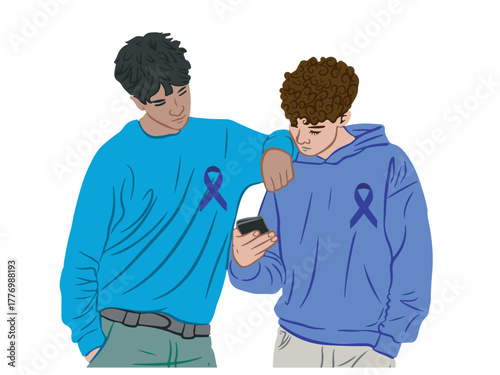 Blue November. Two guys wearing blue clothes with blue ribbons in support of Movember. Transparent background.