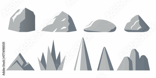 Collection of stylized grey rocks and geological formations in a flat design style