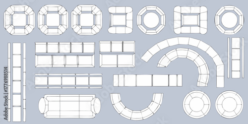 Collection of modular furniture elements and seating arrangements in a clean line drawing style