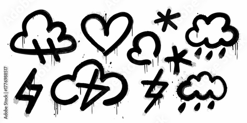 Graffiti style black icons of clouds hearts lightning bolts and asterisks with drip effects on white background