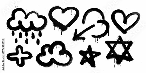 Collection of hand drawn black graffiti style symbols including hearts clouds rain star and star of david