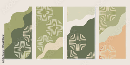 Abstract organic shapes and concentric circles in a soothing palette of greens and beige