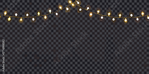 String of warm glowing fairy lights draped across a dark checkered background