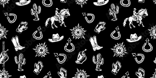 Whimsical western cowboy pattern featuring horses cacti hats boots and horseshoes on black background