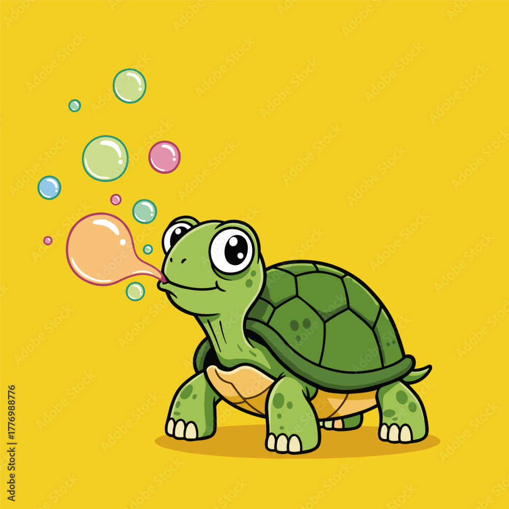 Obraz premium Cheerful cartoon turtle blowing colorful soap bubbles against a bright yellow background.