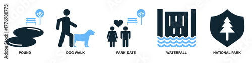 Set park icon vector. Collection representing outdoor recreation, nature, and public leisure areas. Great for urban planning, city maps, or travel application design interfaces.