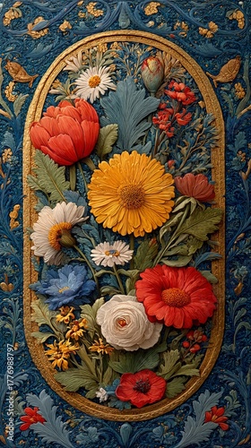 Illuminated manuscript floral frame with intricate medieval decorations, ornate borders, colorful flowers, elegant vintage design, decorative manuscript elements, and classic ornamental style