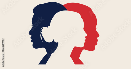 Silhouette of three women in red, white, and blue, facing the same direction.