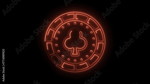 Glowing orange neon poker chip with clubs suit animation on black background