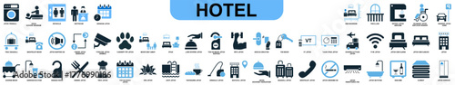 Set hotel icon vector. Ideal for hospitality, accommodation, and travel amenity themes. This graphic collection represents various guest services and lodging features for a seamless interface design.
