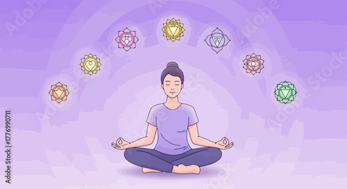 Woman Meditating with Seven Chakra Symbols in a Serene Purple Gradient Background Spiritual Enlightenment and Wellness Concept