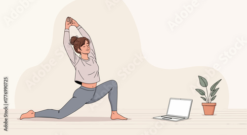 Woman Practicing Yoga Online at Home Serene Warrior Pose with Laptop and Plant