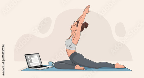 Woman practicing yoga pose on mat with laptop online fitness class concept