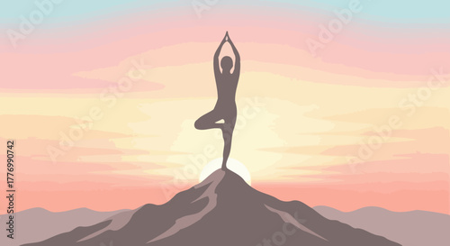 Silhouette of a Woman in Yoga Tree Pose Vrksasana on Mountain Peak at Sunrise Achieving Balance and Serenity
