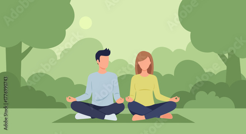 Couple Meditating in Serene Park Yoga Mindfulness and Healthy Lifestyle Concept