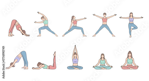 Vector Illustration of Diverse Yoga Poses Collection for Fitness Wellness and Healthy Lifestyle Promotion