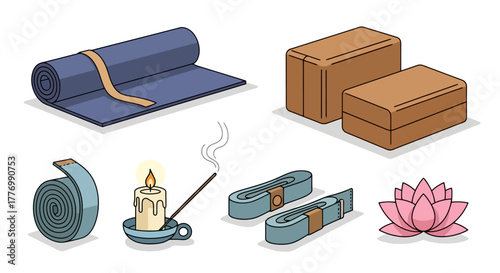 Yoga and Meditation Set Mat Blocks Straps Incense Candle and Lotus Flower Illustration for Wellness and Mindfulness Concepts