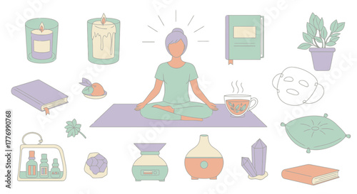 Serene Woman Meditating Amidst Self Care and Wellness Items Yoga Aromatherapy Skincare Books and Plants