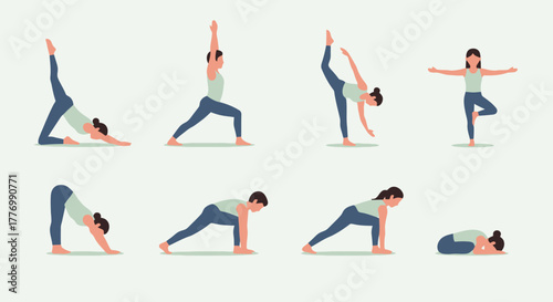 Diverse Yoga Poses Illustrated Set Healthy Lifestyle Fitness and Wellness Collection