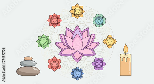 Serene Chakra Lotus Flower Meditation and Wellness Concept with Stacked Stones and Candle