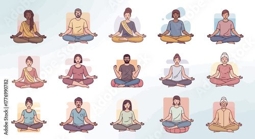 Diverse Group of People Meditating in Lotus Pose Mindfulness and Wellness Illustration