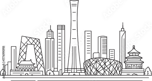 Beijing central district futuristic skyline, linear city layout along Chang’an Avenue