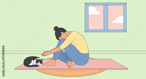 Woman Meditating with Cat on Yoga Mat in Cozy Room