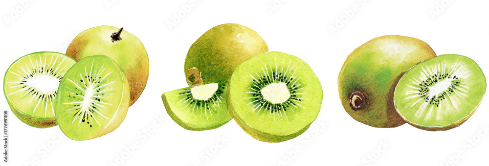 Fototapeta premium Kiwi Fruit Trio: Close-up of sliced and whole kiwi fruits, inviting viewers to savor the refreshing taste and vibrant green color, showcasing the fruit's unique texture and natural beauty.