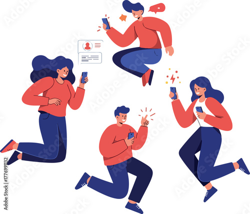 Happy People Jumping With Phones Orange Blue Flat Design