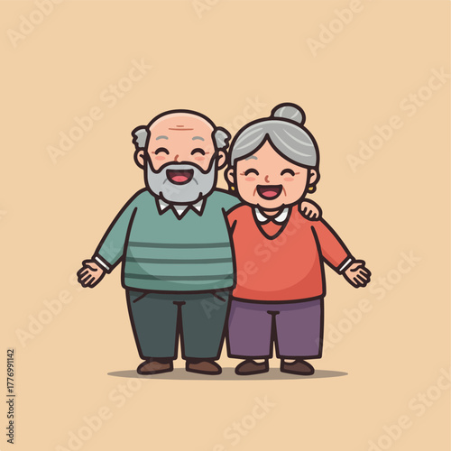 Happy Pixel Art Grandparents Hugging Smiling Beige Background Green Sweater Coral Shirt