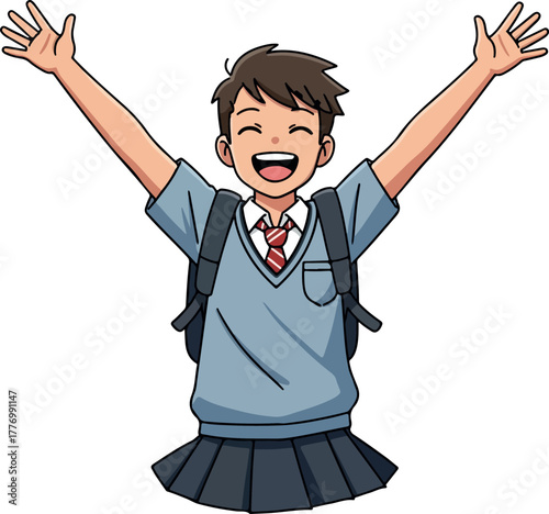 Happy School Girl In Uniform With Arms Raised Open Smile